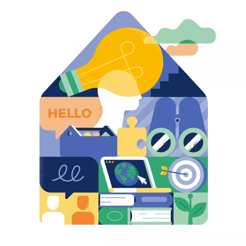 illustratie van een huis met daarin internationale elementen