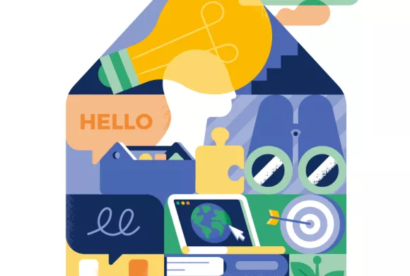 illustratie van een huis met daarin internationale elementen