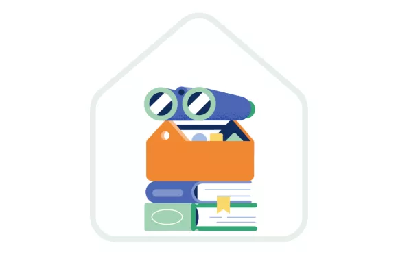 Illustratie van een stapel boeken met een gereedschapskist en een verrekijker