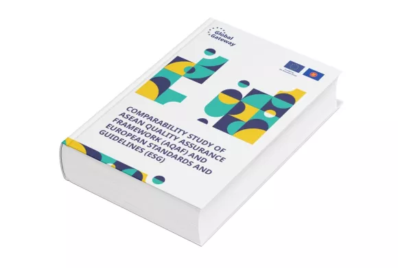 3D mock-up of the SCOPE-HE publication “Comparability Study of ASEAN Qualifications Reference Framework (AQRF) and European Qualifications Framework (EQF)”, featuring a colourful geometric cover design and EU–ASEAN Global Gateway branding.