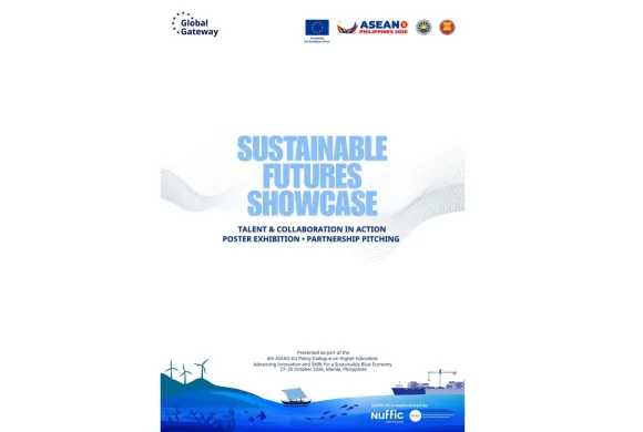 Sustainable Futures Showcase event poster featuring the title “Talent and Collaboration in Action: Poster Exhibition and Partnership Pitching”, with blue illustrations of wind turbines, marine life and a ship.