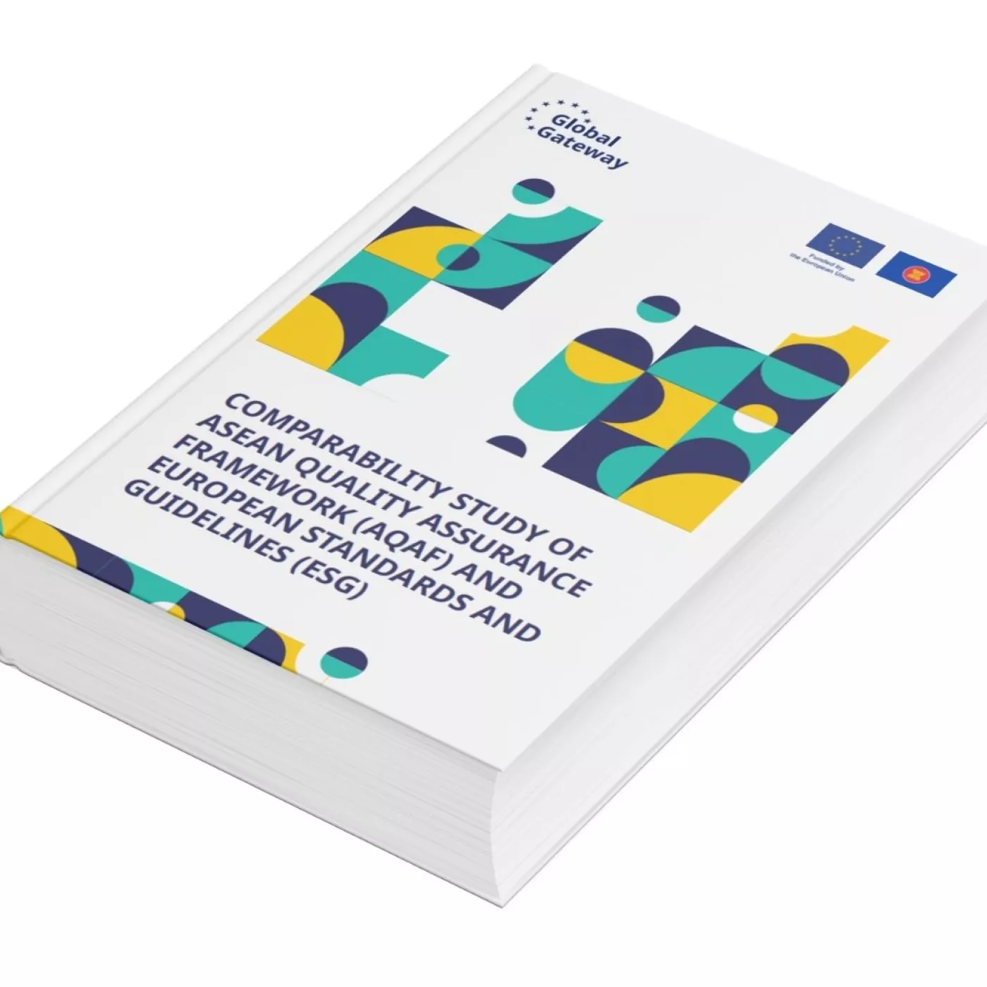 3D mock-up of the SCOPE-HE publication “Comparability Study of ASEAN Qualifications Reference Framework (AQRF) and European Qualifications Framework (EQF)”, featuring a colourful geometric cover design and EU–ASEAN Global Gateway branding.