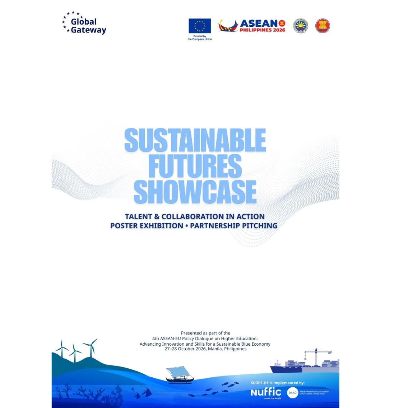 Sustainable Futures Showcase event poster featuring the title “Talent and Collaboration in Action: Poster Exhibition and Partnership Pitching”, with blue illustrations of wind turbines, marine life and a ship.