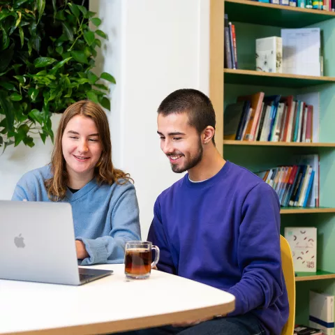 twee studenten werken samen aan de laptop