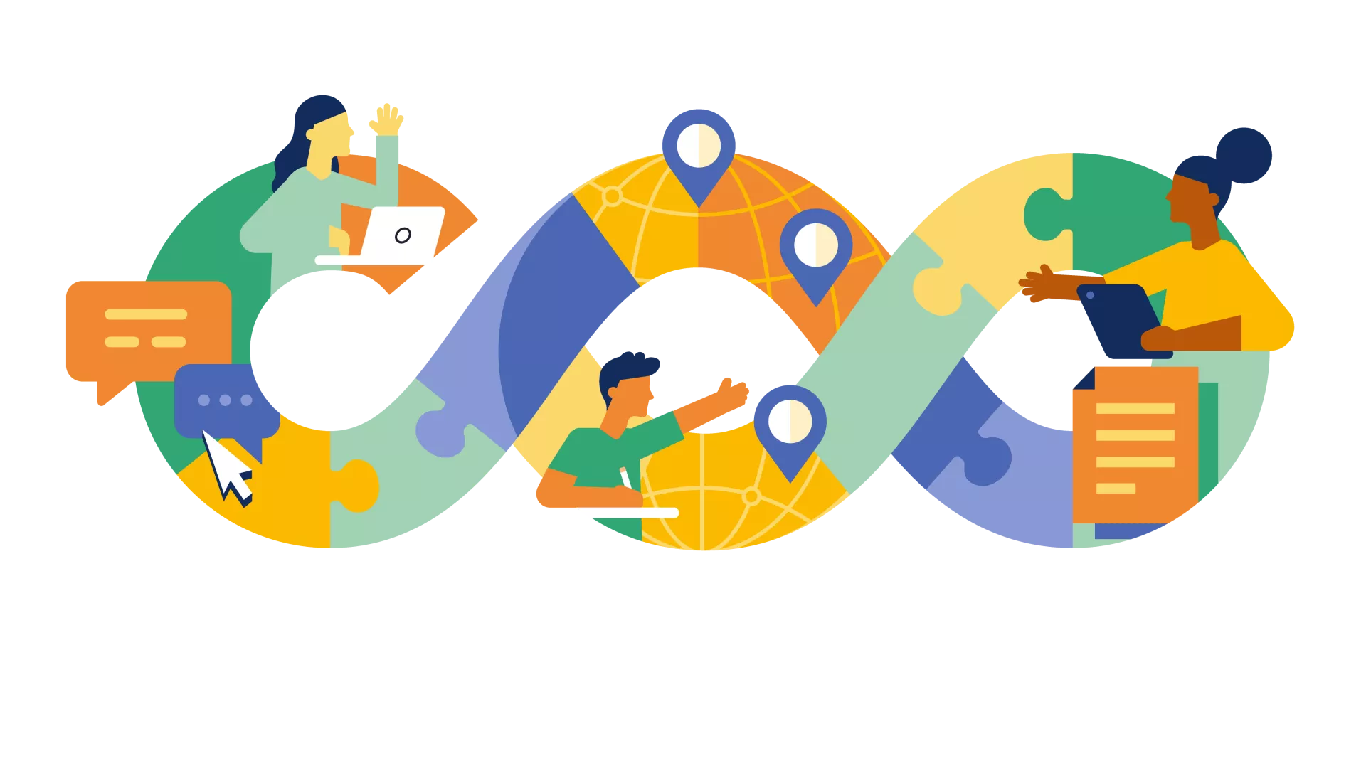 Illustratie van diverse mensen die digitaal samenwerken binnen een internationaal netwerk, met puzzelvormen en wereldkaart